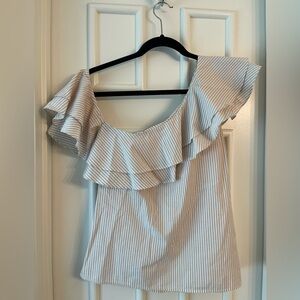 L'Academie Beige/White Striped Off-Shoulder Top